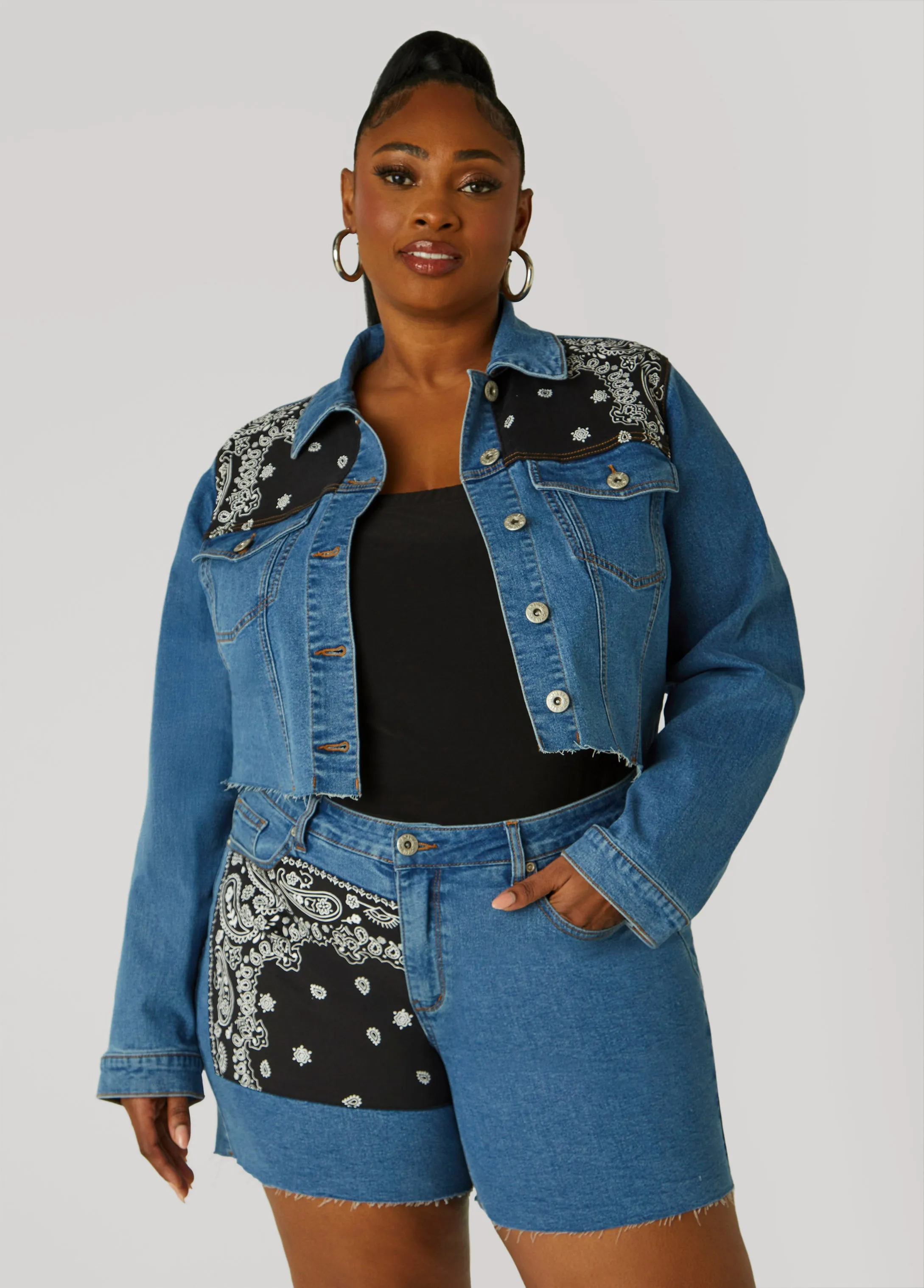 Bandana Print Cropped Denim Jacket