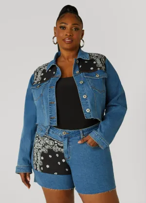 Bandana Print Cropped Denim Jacket