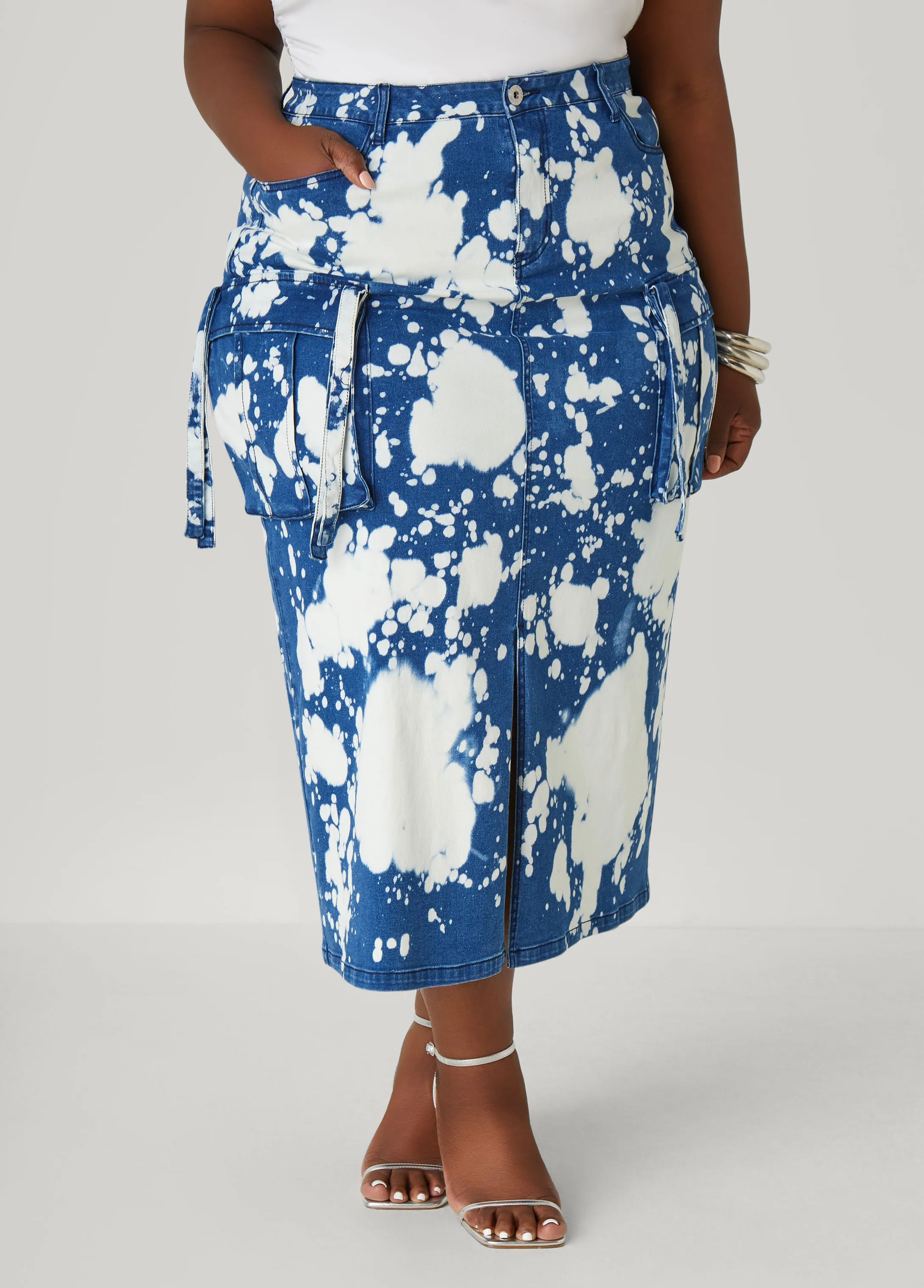 Bleached Denim Maxi Cargo Skirt