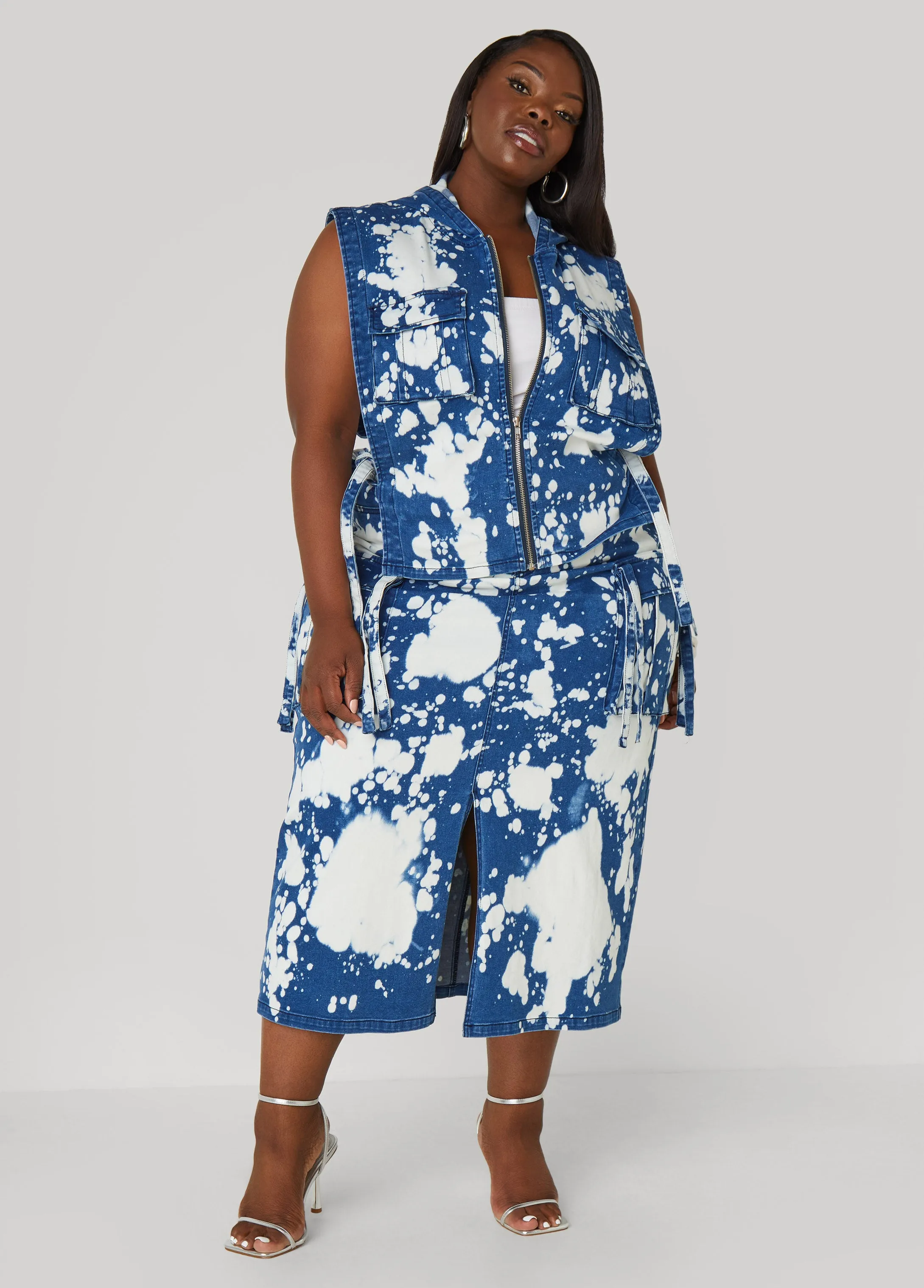 Bleached Denim Maxi Cargo Skirt