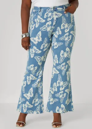Butterfly Print Flared Jeans