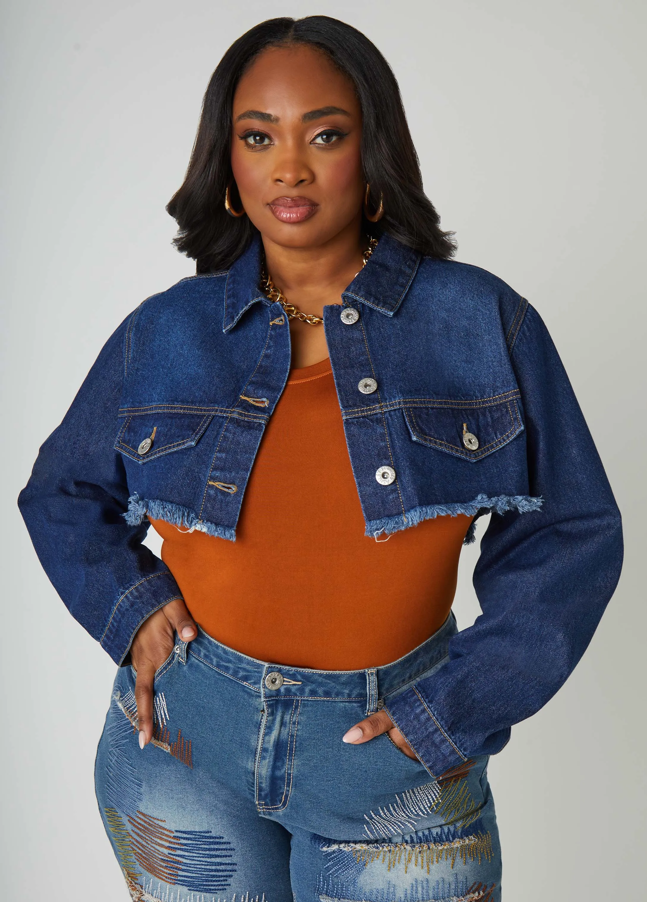 Cropped Frayed Denim Jacket