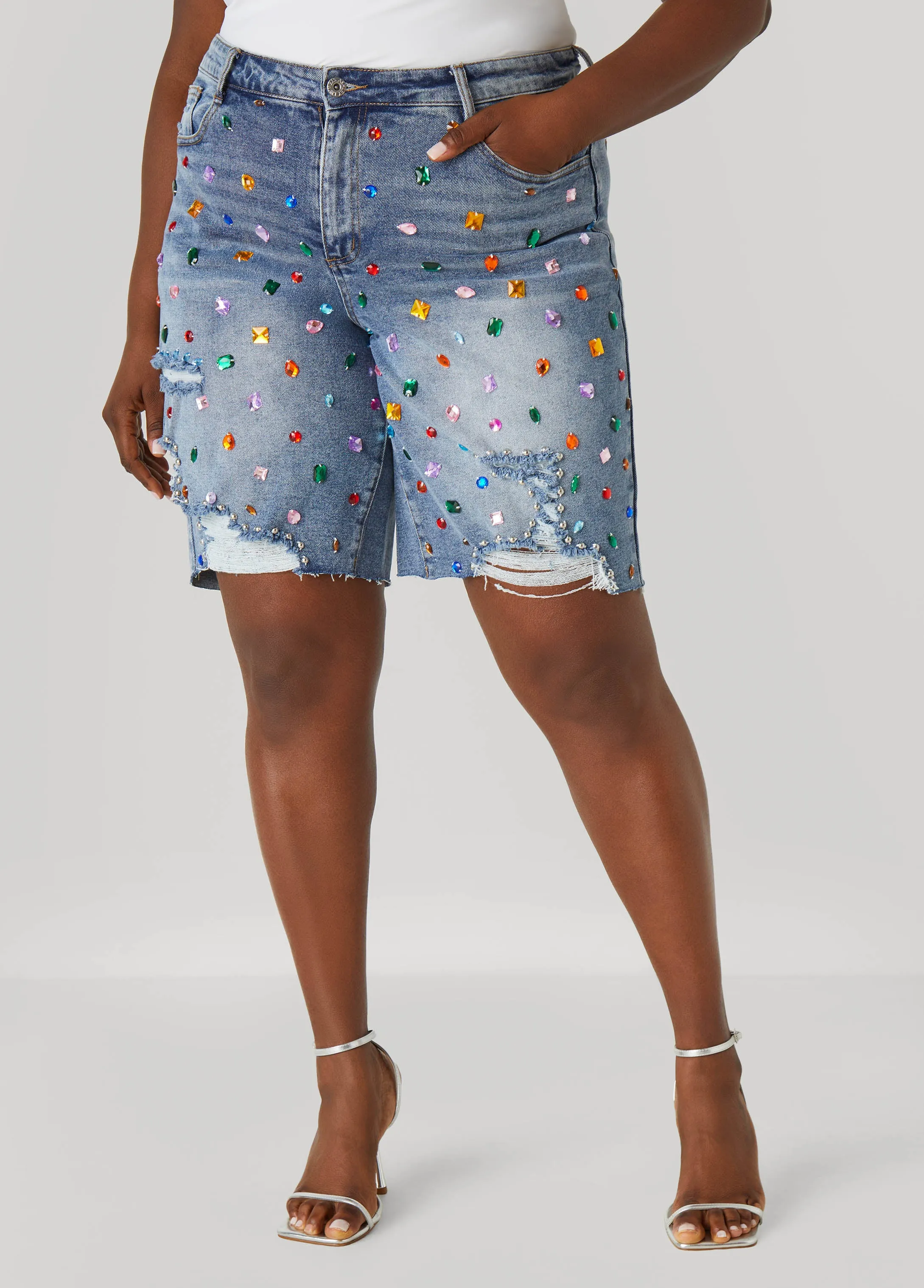 Crystal Distressed Denim Shorts