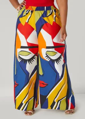 Face Print Wide Leg Pants