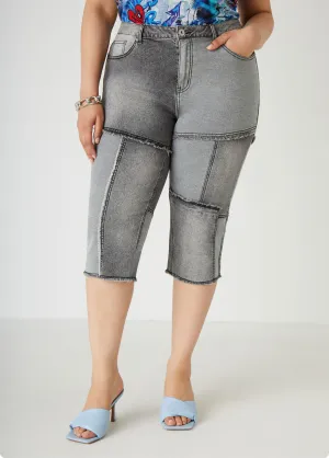 Frayed Patchwork Denim Capris