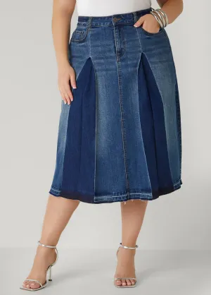 Frayed Pleated Denim Midi Skirt