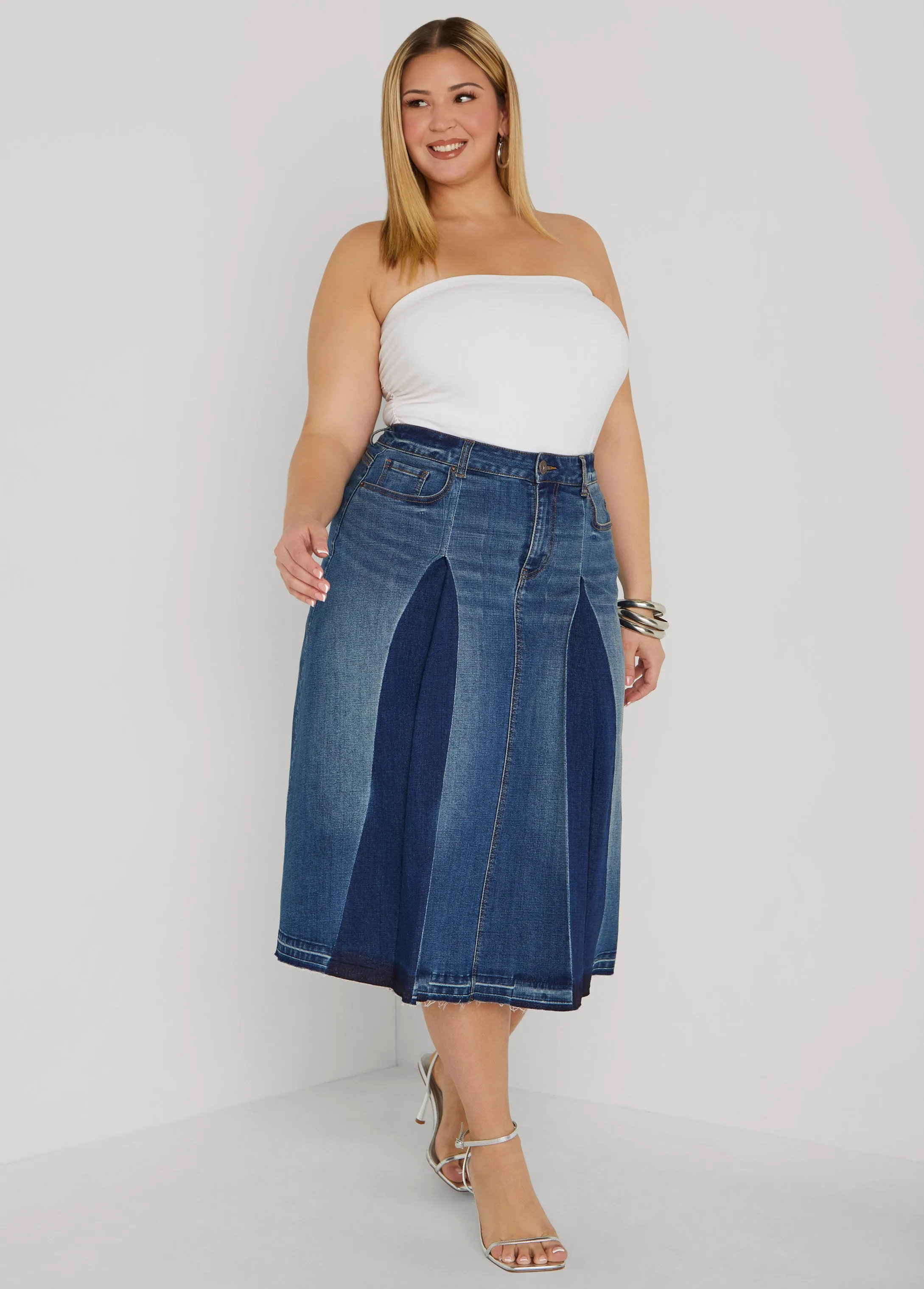 Frayed Pleated Denim Midi Skirt