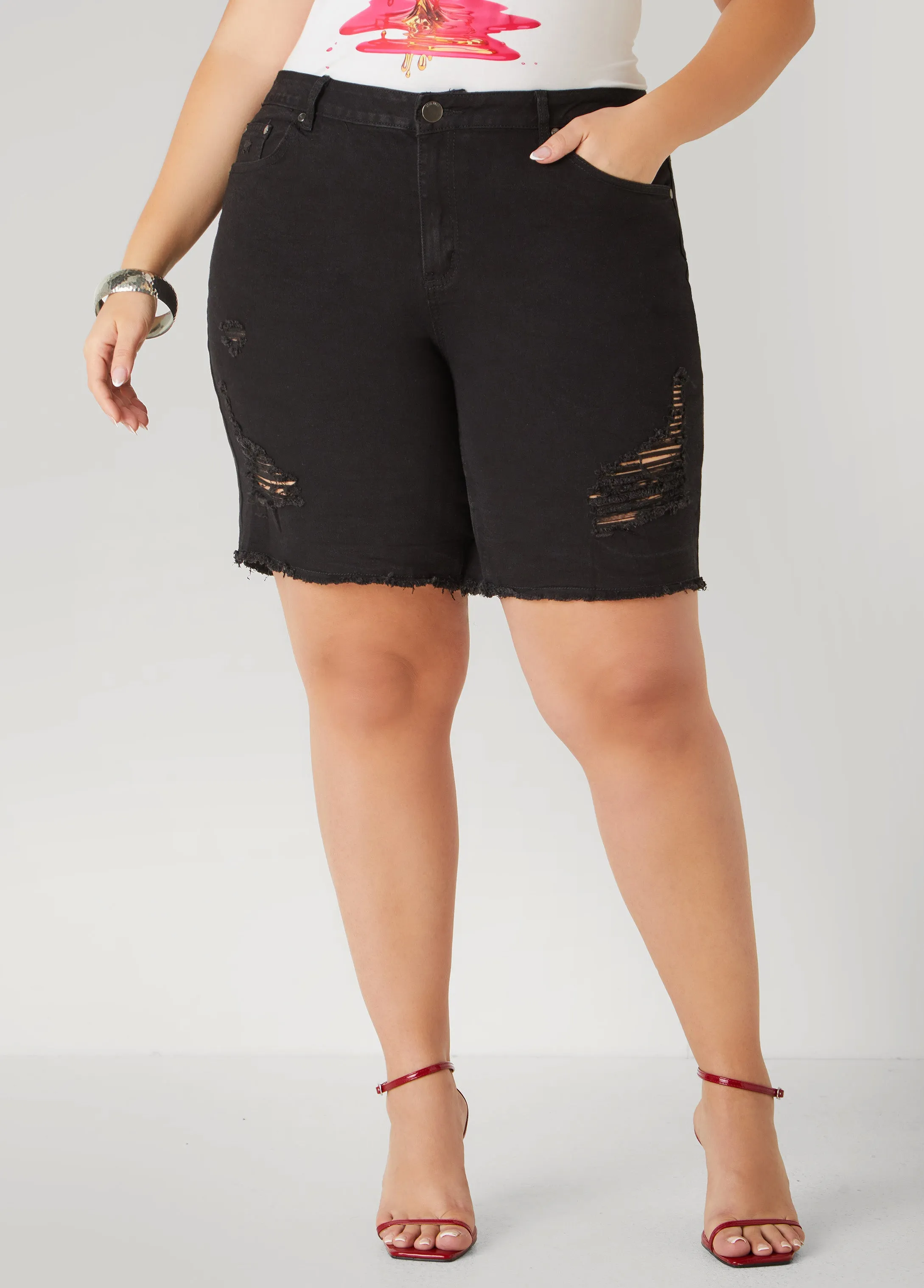 High Rise Distressed Denim Shorts