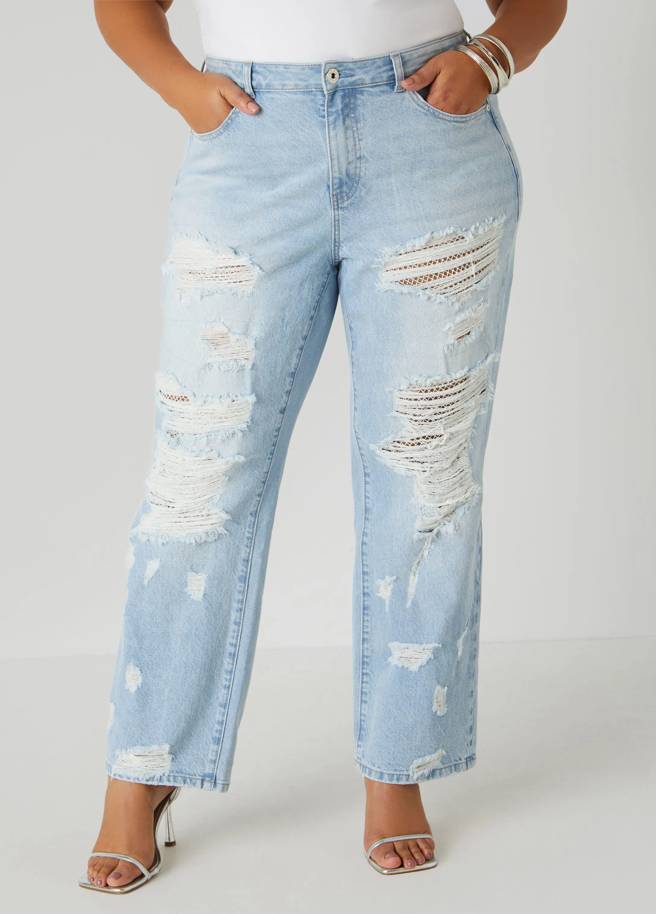 Mesh Paneled Distressed Jeans