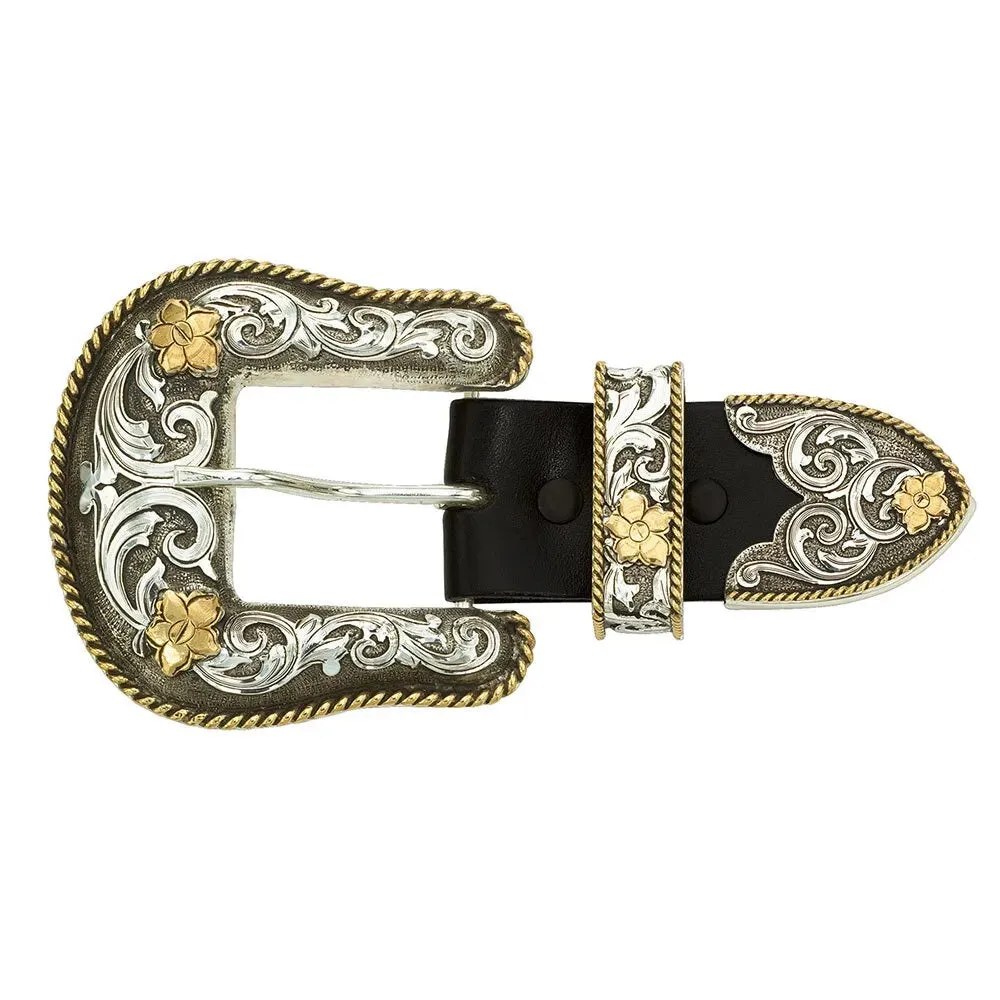 MONTANA SILVERSMITH Antiqued Two Tone Filigree 1.5" 3 Piece Belt Buckle Set 61565
