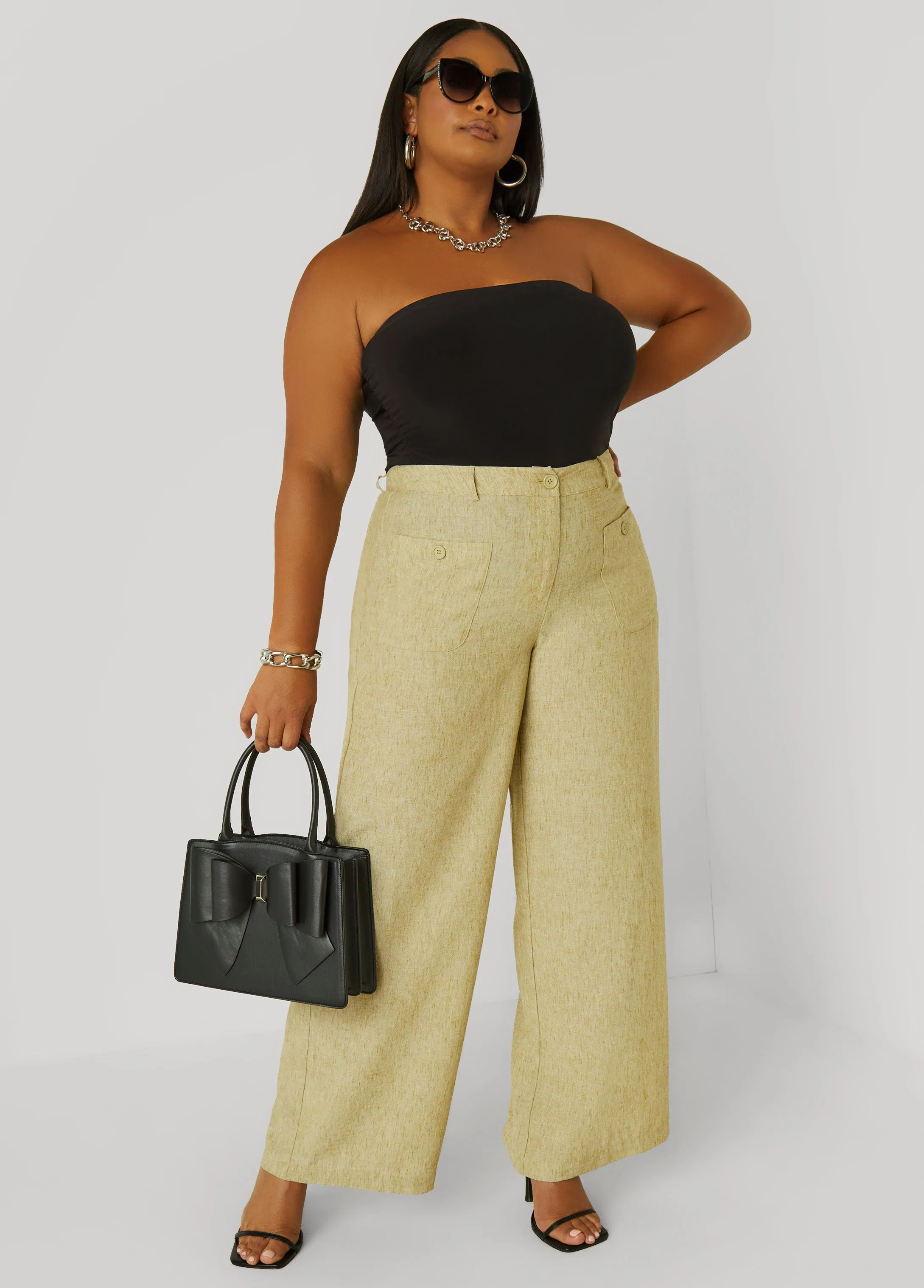 Patch Pocket Slub Wide Leg Pants