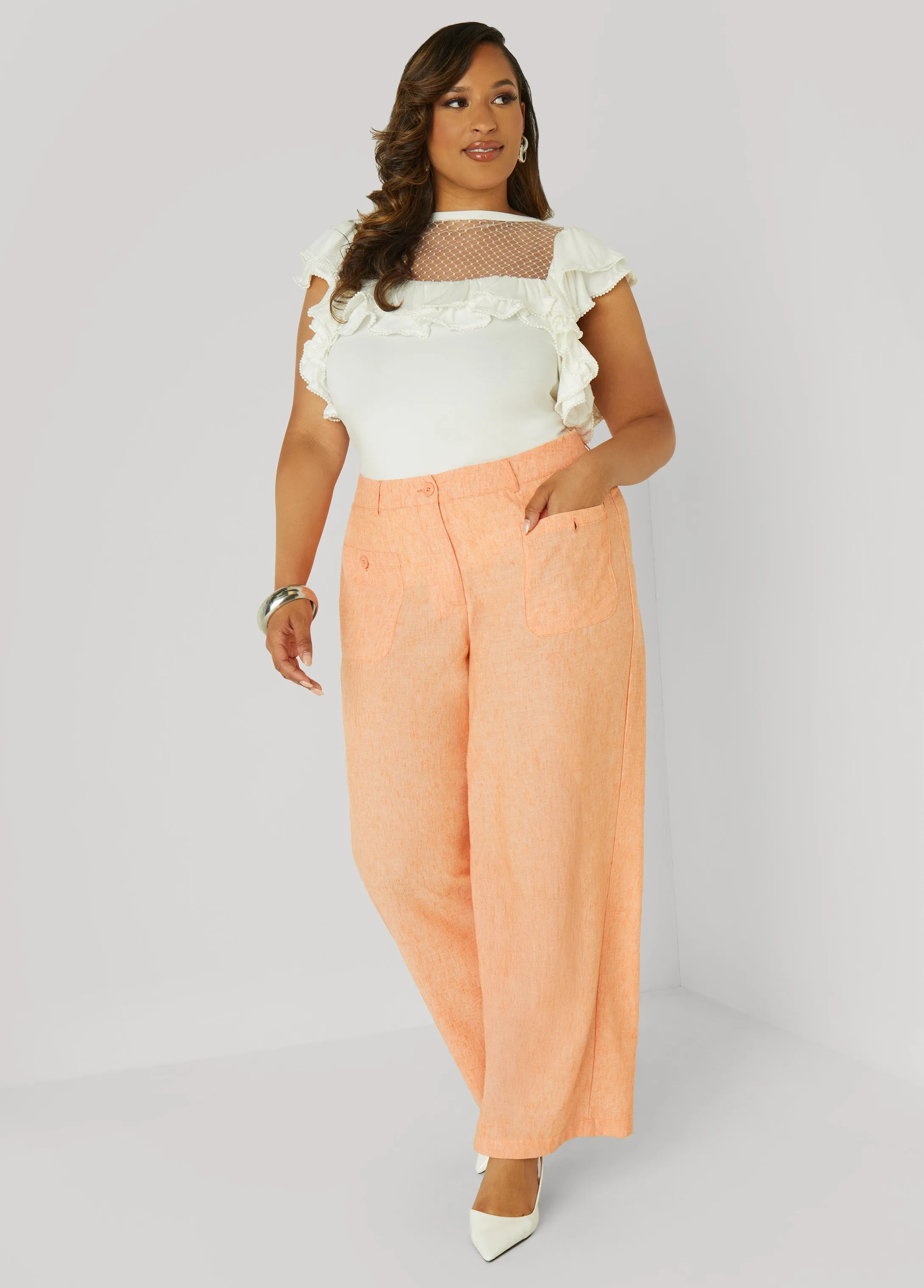 Patch Pocket Slub Wide Leg Pants