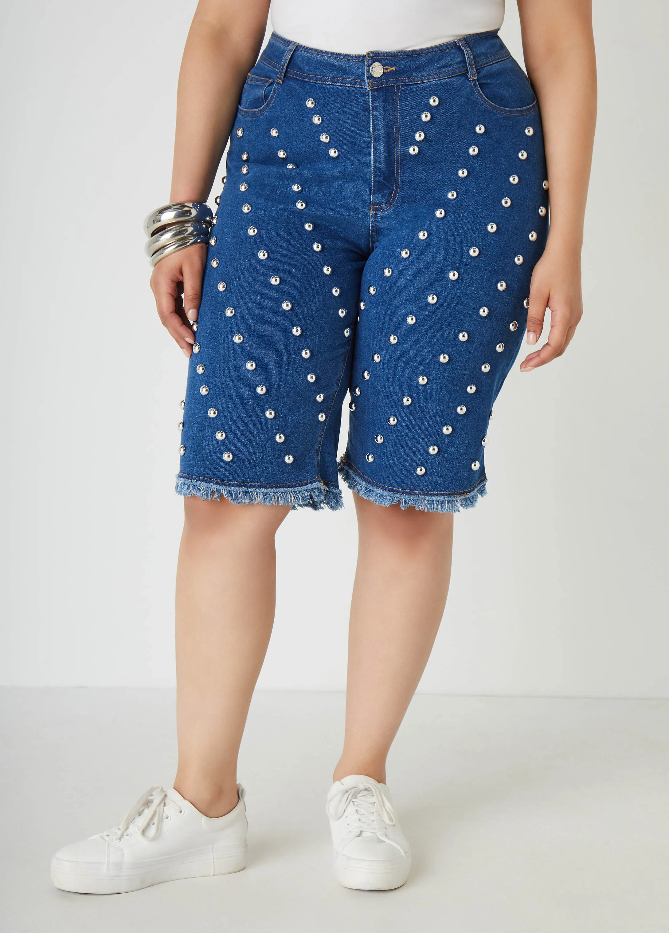 Studded Denim Bermuda Shorts
