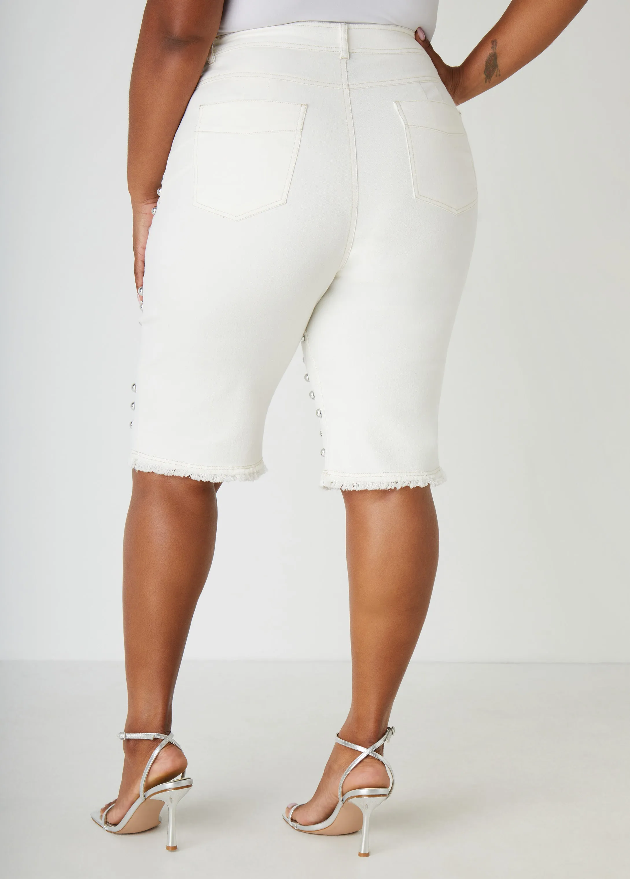 Studded Frayed Denim Bermuda Shorts