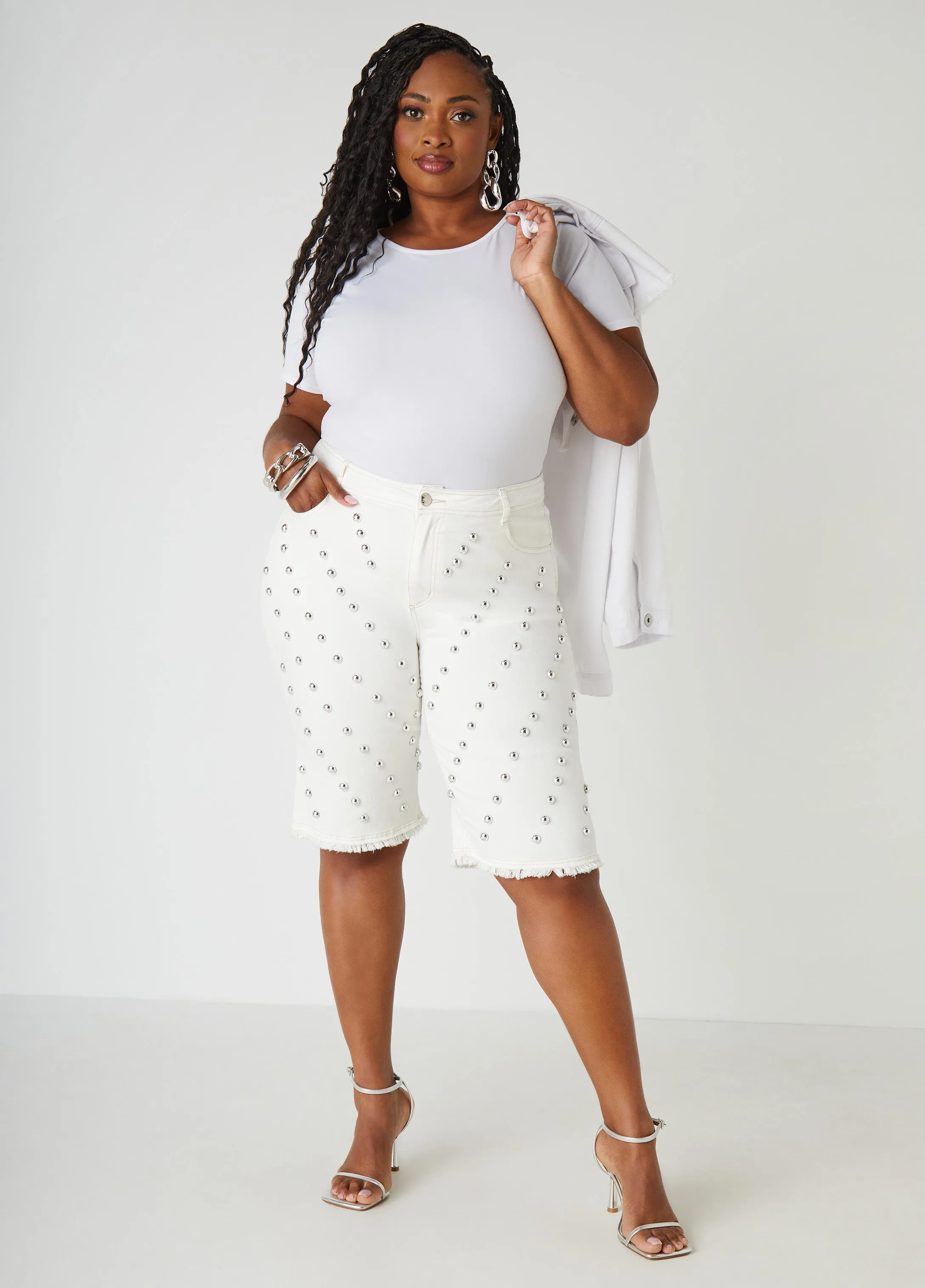 Studded Frayed Denim Bermuda Shorts