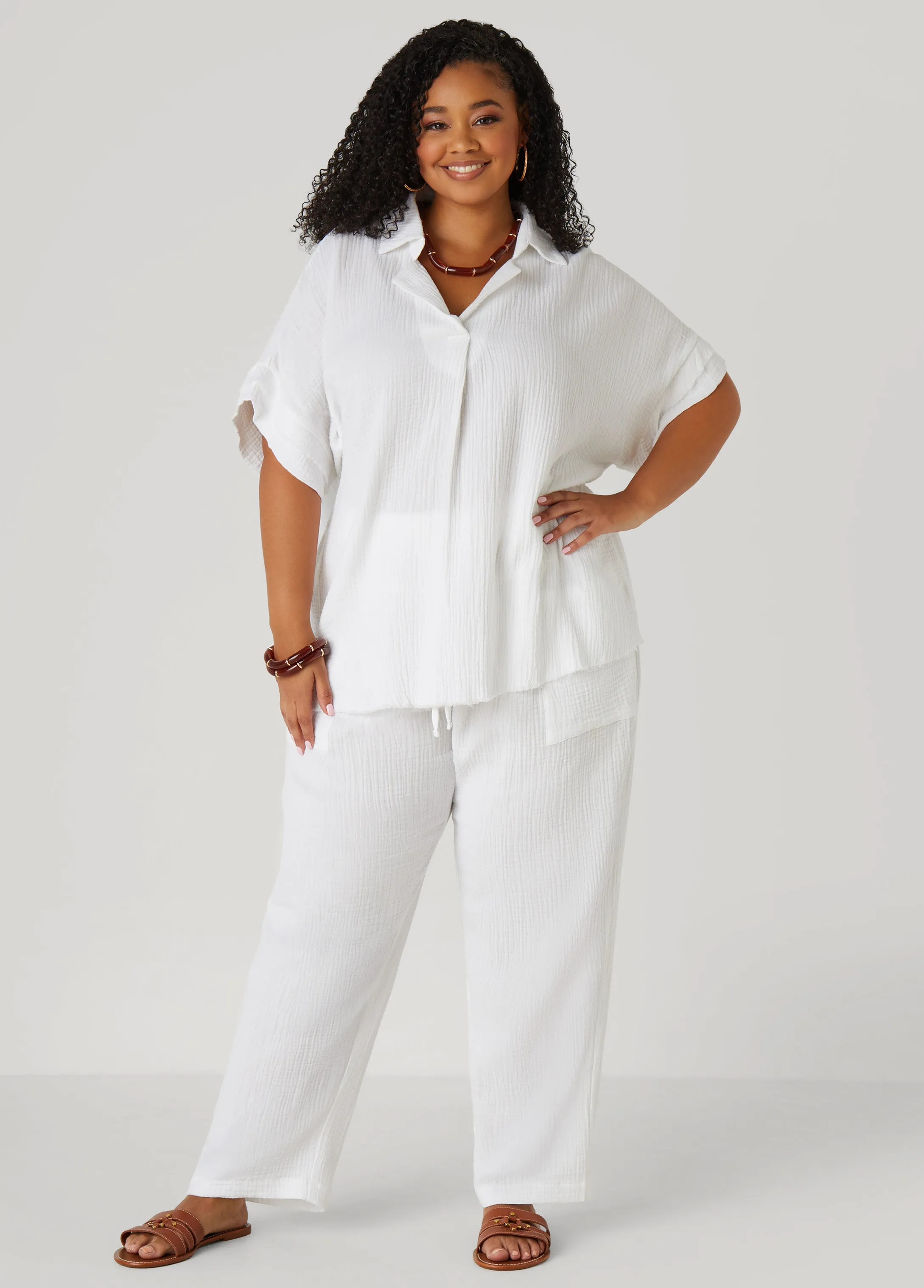 Textured Cotton Gauze Pants
